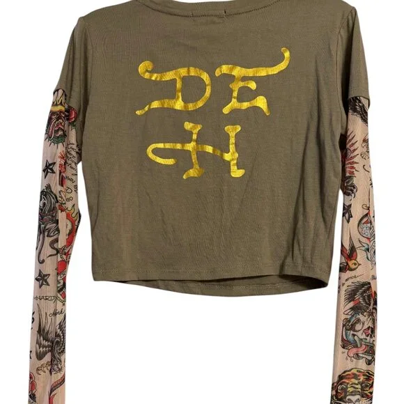 Ed Hardy Crop Top Size S NWT Y2K Tattoo Graphic Layered Long Sleeve Streetwear - Picture 5 of 6